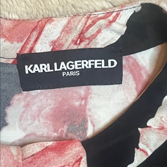 Karl Lagerfeld Black and Pink Rose Stretch Blouse with Bow and Zipper sz est L - Picture 2 of 10